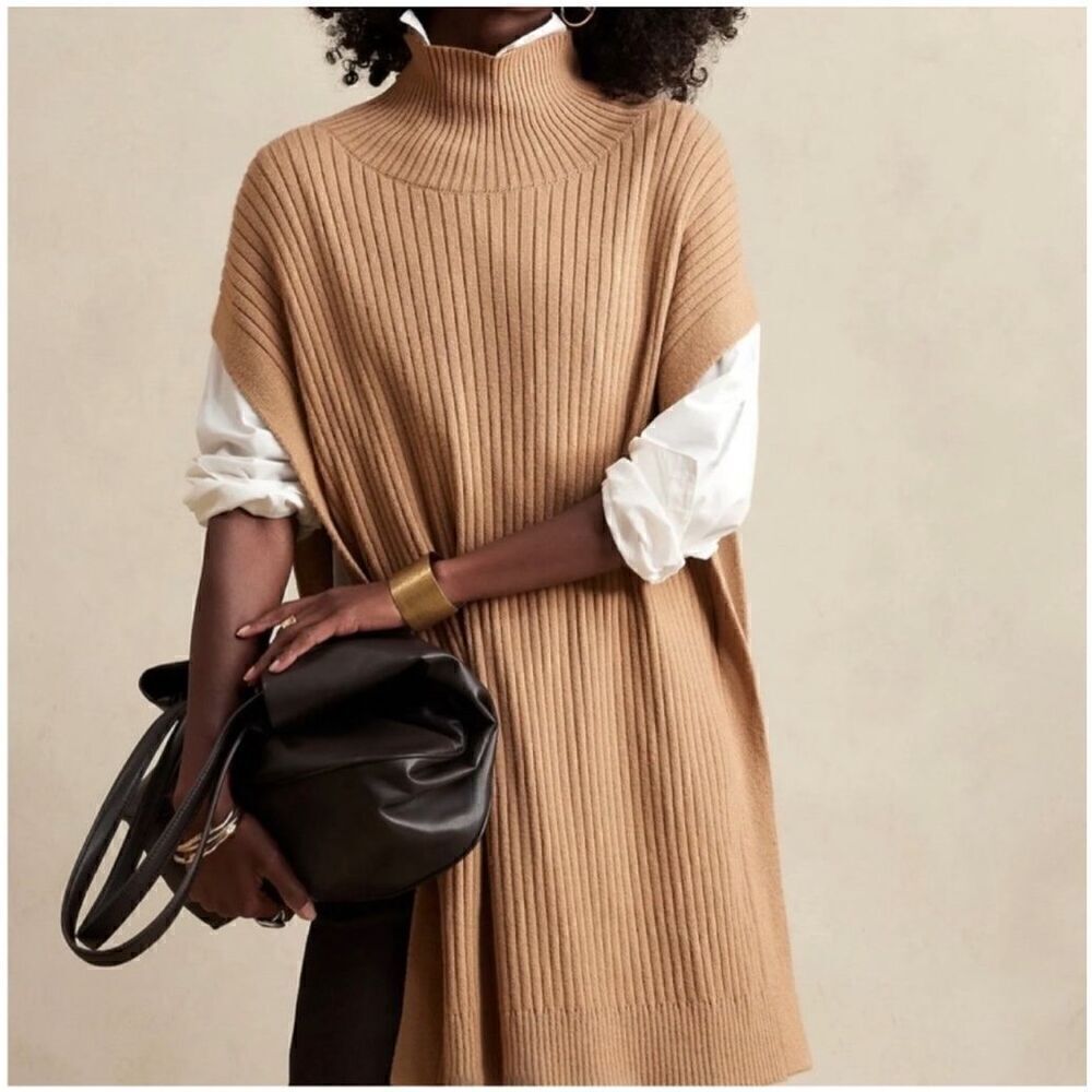 Banana Republic Women’s Mock Neck Ribbed Knit Poncho Camel Tan